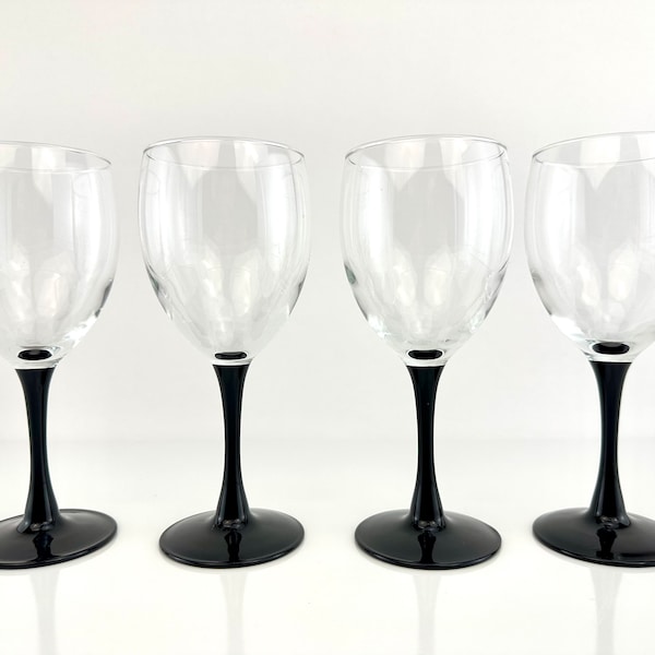 Mid Century Black Stem Wine Glasses, French Luminarc Wine Glasses, Set of 4, Vintage Barware