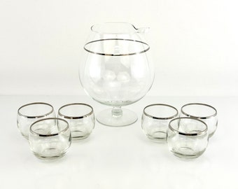 MCM Vintage Cocktail Pitcher and Cocktail Glasses, Rare Set of 7, Mid Century Barware