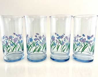 MCM Blue Floral Glass Tumblers, Set of 4, Retro Tumblers, Vintage Glassware