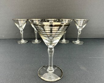 MCM Vintage Silver Rim Cordial Cocktail Glassware, Set of 6, Mid Century Modern Glassware