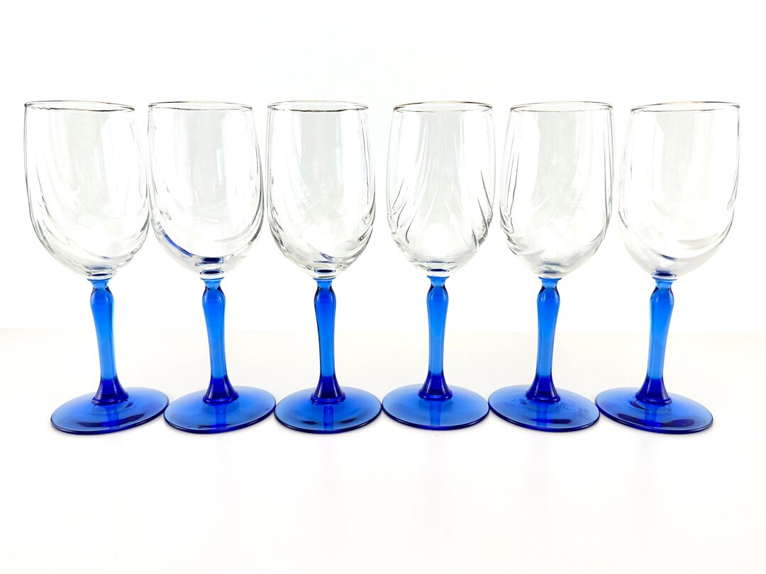 Vintage Mid Century Cobalt Blue Stem Wine Glasses Set of 6 Etsy