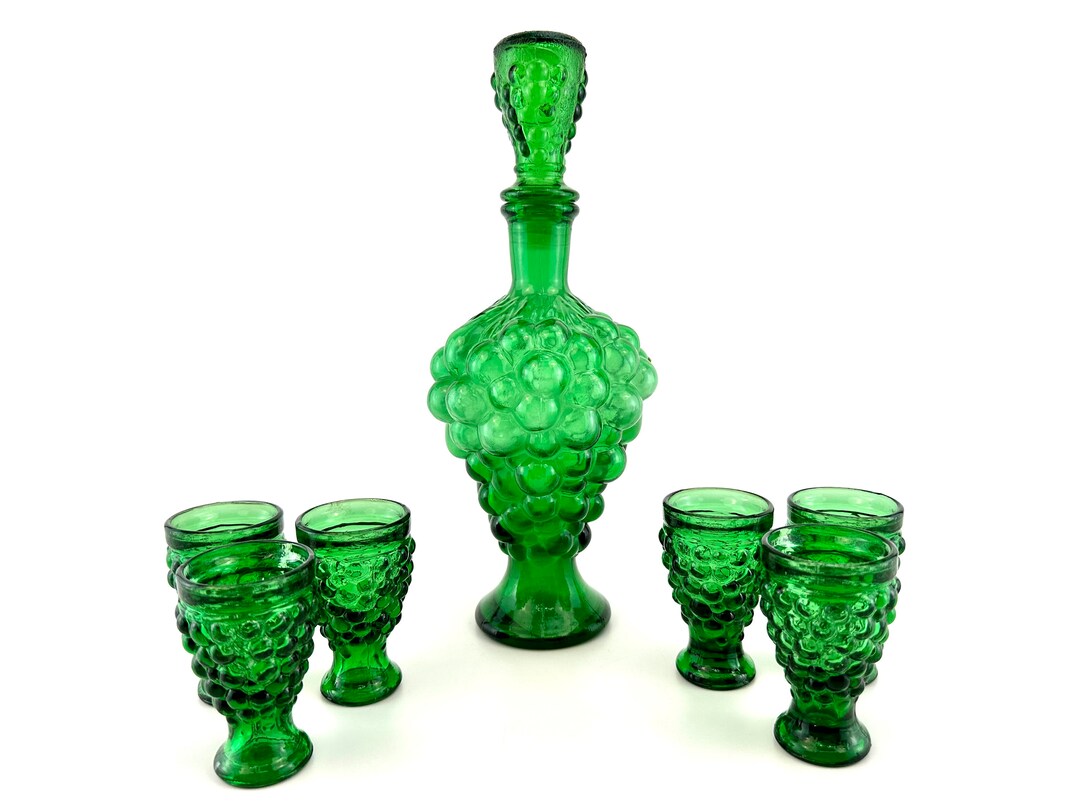 Vintage MCM Italian Glass Decanter and Glassware, Set of 6, Mid Century