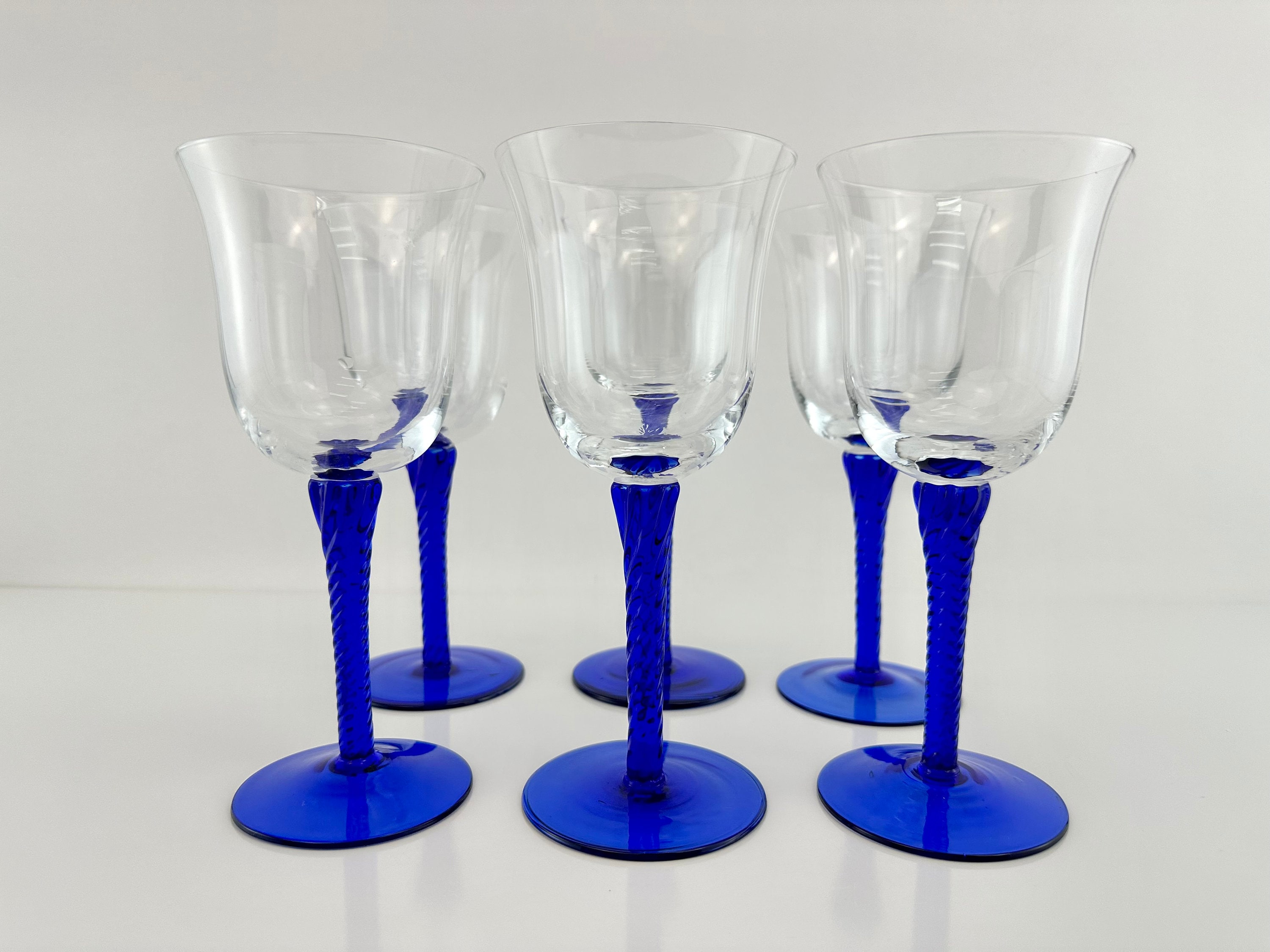 Vintage Mid Century Cobalt Blue Stem Wine Glasses, Set of 6, Vintage