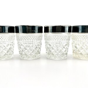MCM Vintage Crystal Silver Rim Rocks Glasses, Lowball, Set of 4, Mid Century Barware