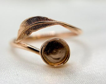 Adjustable 925 Sterling Silver 6mm Feather Wrap Bypass Round Bezel Ring Setting DIY BreastMilk Ring, Ash keepsake Ring wholesale jewelry