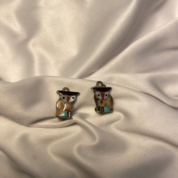 1950’s Vintage Zuni Owl Sterling Silver Clip-on Earrings Inlaid Turquoise Coral