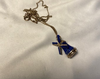 Vintage Painted Windmill Charm Pendant Necklace Sterling Silver