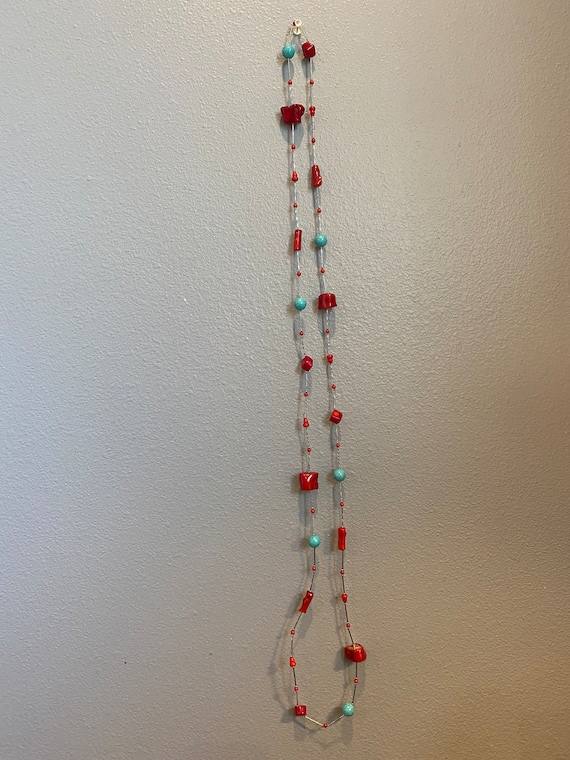 Vintage Chunk Turquoise and Red Coral Beaded Neck… - image 2