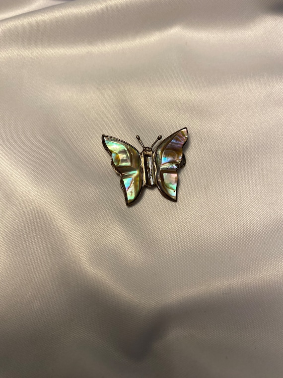 Vintage Abalone Sterling Silver Butterfly Pendant