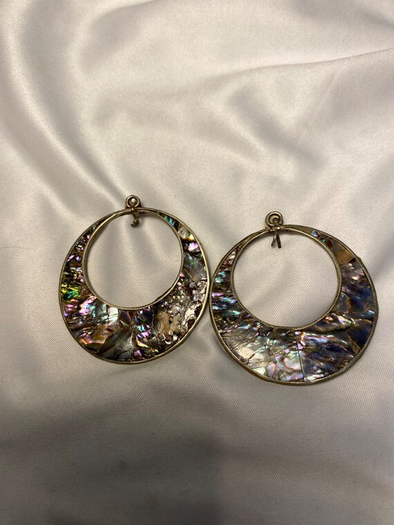 Vintage Abalone Shell Open Circle Drop Earrings M… - image 1