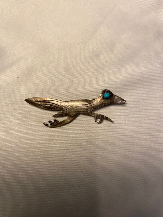 Vintage Sterling Silver Turquoise Road Runner Pin