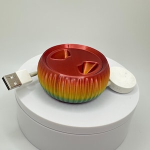 May include: A rainbow-colored cable organizer with two slots for cords. The organizer is made of 3D printed plastic and has a textured surface. A white USB cable is plugged into the organizer.