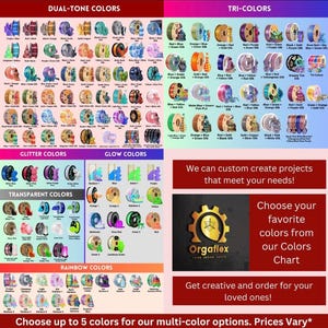 May include: A color chart showcasing various 3D printing filament colors, including dual-tone, tri-color, glitter, glow, transparent, and rainbow options. The chart includes text that says "Choose your favorite colors from our Colors Chart."