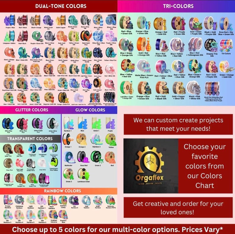 May include: A color chart showcasing various 3D printing filament colors, including dual-tone, tri-color, glitter, glow, transparent, and rainbow options. The chart includes text that says "Choose your favorite colors from our Colors Chart."