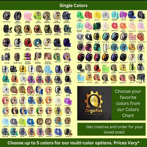 May include: A color chart displays numerous spools of 3D printing filament in various colors. The image includes text that reads "Single Colors" at the top and "Choose your favorite colors from our Colors Chart" and "Get creative and order for your loved ones!" at the bottom.