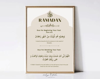 Op de afbeelding: Een printbare Ramadan dua-poster met een beige achtergrond en een gouden frame. De poster bevat Arabische tekst en Engelse vertalingen voor dua's om te reciteren voor en na het breken van de vasten.