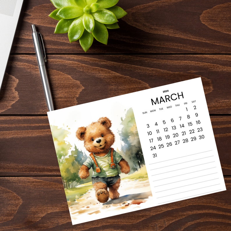 2024 A Year of Watercolor Teddy Bears Calendar Printable Calendar
