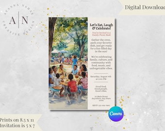 Invito al picnic per la riunione di famiglia: modello Canva modificabile (download digitale)