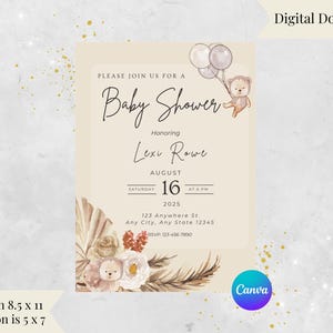 Printable, Fall Baby Boy Shower Invitation | Rustic Neutral Bear Baby Shower | Editable Canva Template | Autumn Baby Shower Printable Invite