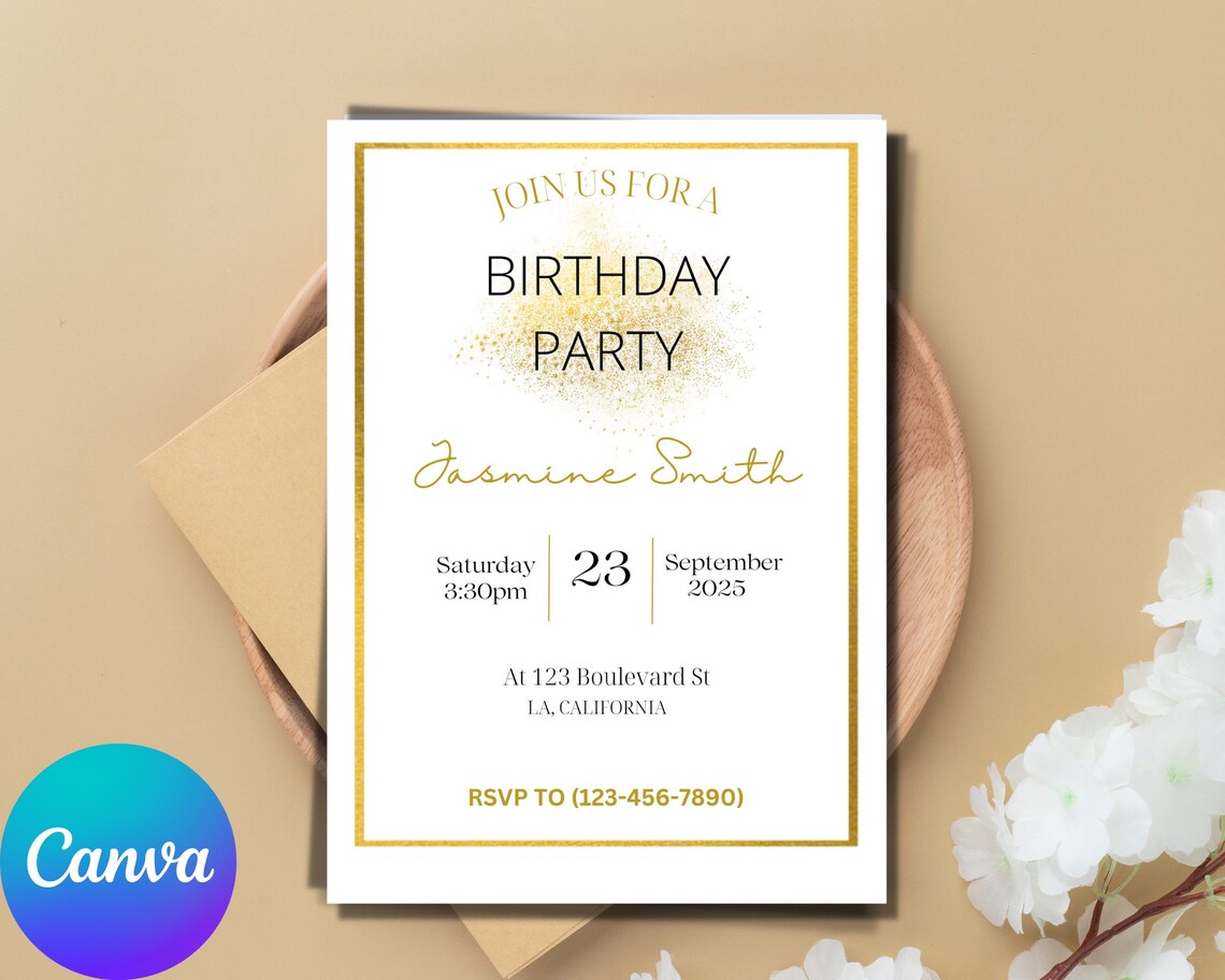Editable Birthday Invitation | Minimalist | Digital | D.I.Y | Gold ...