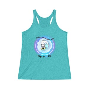 May include: A turquoise racerback vest with a graphic of a panda surfing a wave. The panda is black and white, riding a blue wave with the text "Riding the waves with my P TS" in a circular design.