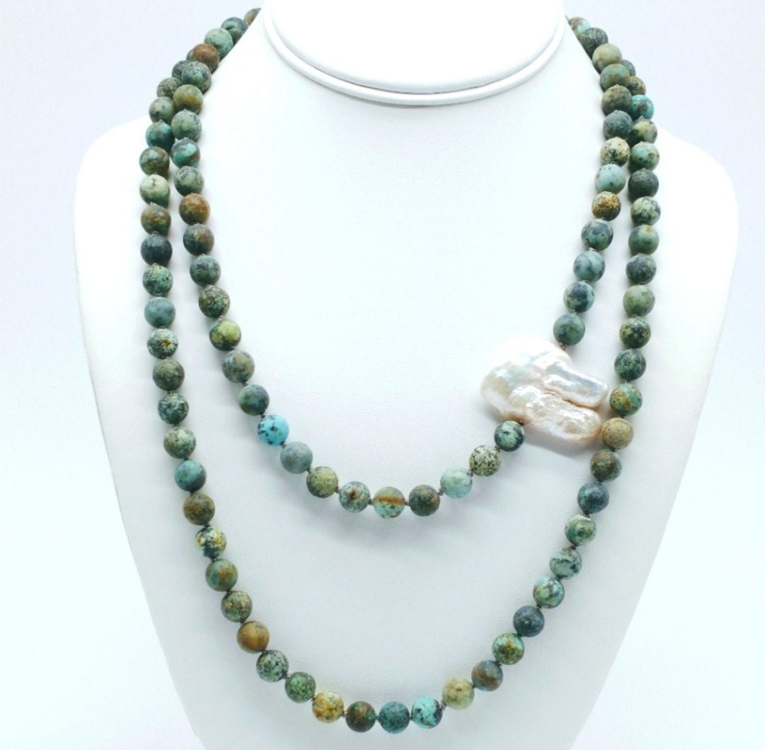 Sterling Silver African Turquoise Baroque Pearl Knotted Necklace - Etsy
