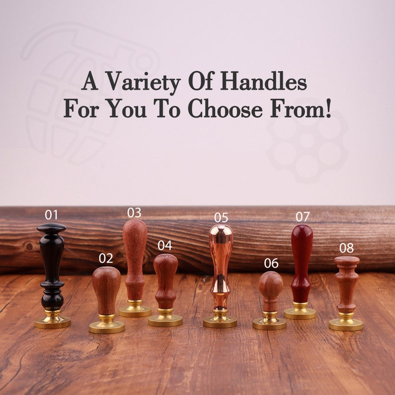 May include: Eight different wax seal stamp handles with various colors and styles. The handles are made of wood, metal, and plastic. The handles are numbered 01 through 08.