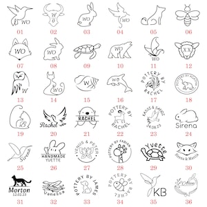 May include: A collection of 36 black and white illustrations of various animals, birds, and other designs. Each illustration is surrounded by a circle and numbered from 1 to 36. Some of the illustrations include text, such as "WO", "Rachel", and "Sirena".
