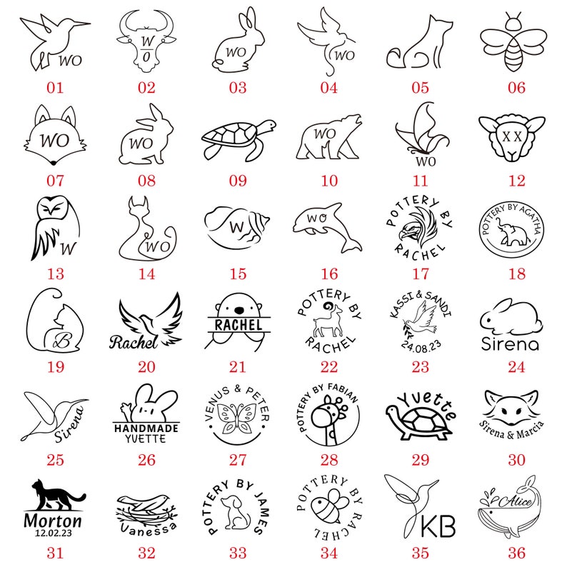 May include: A collection of 36 black and white illustrations of various animals, birds, and other designs. Each illustration is surrounded by a circle and numbered from 1 to 36. Some of the illustrations include text, such as "WO", "Rachel", and "Sirena".
