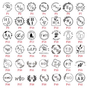 May include: A collection of 42 black and white circular stamp designs with various text and images. Each stamp is labeled with a number from P1 to P42.