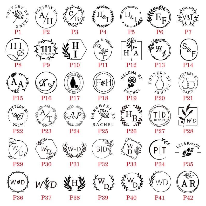 May include: A collection of 42 black and white circular stamp designs with various text and images. Each stamp is labeled with a number from P1 to P42.