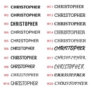 May include: A set of 20 black and white images of the word "CHRISTOPHER" written in different fonts and styles. The word is numbered from W1 to W20.
