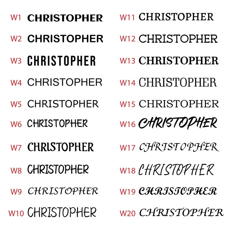 May include: A set of 20 black and white images of the word "CHRISTOPHER" written in different fonts and styles. The word is numbered from W1 to W20.