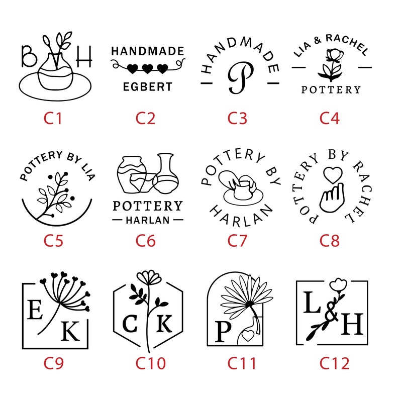 May include: Twelve different logo designs for pottery businesses. Each logo features a unique combination of text, illustrations, and symbols, such as hearts, flowers, and pottery.