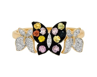 Anillo de mariposa con zafiro multicolor en oro de 14 quilates, detalle de diamante marrón claro y baño negro.