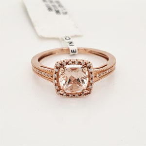 10K Rose Gold Cushion Morganite Ring: Diamond Halo Wedding Jewelry