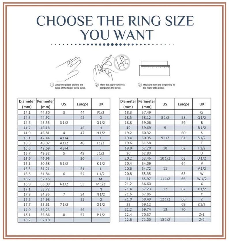 Puede incluir: Tabla de tallas de anillos con instrucciones: envuelva papel alrededor del dedo, marque el c&iacute;rculo y mida. Incluye di&aacute;metros, per&iacute;metros, tallas de EE. UU., Europa y Reino Unido. &Uacute;til.