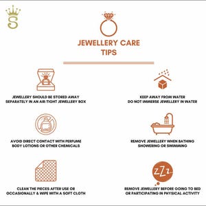 Puede incluir: Infograf&iacute;a con consejos para el cuidado de joyas. El texto incluye: guardar las joyas en una caja herm&eacute;tica, evitar el agua y los productos qu&iacute;micos, quitarse las joyas al ba&ntilde;arse y limpiar con un pa&ntilde;o suave.