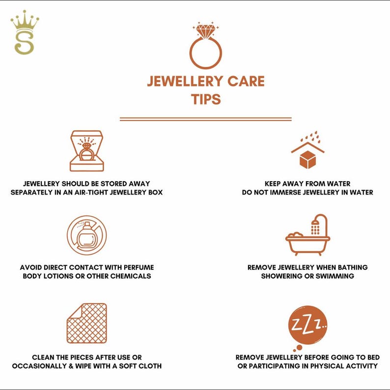 Puede incluir: Infograf&iacute;a con consejos para el cuidado de joyas. El texto incluye: guardar las joyas en una caja herm&eacute;tica, evitar el agua y los productos qu&iacute;micos, quitarse las joyas al ba&ntilde;arse y limpiar con un pa&ntilde;o suave.