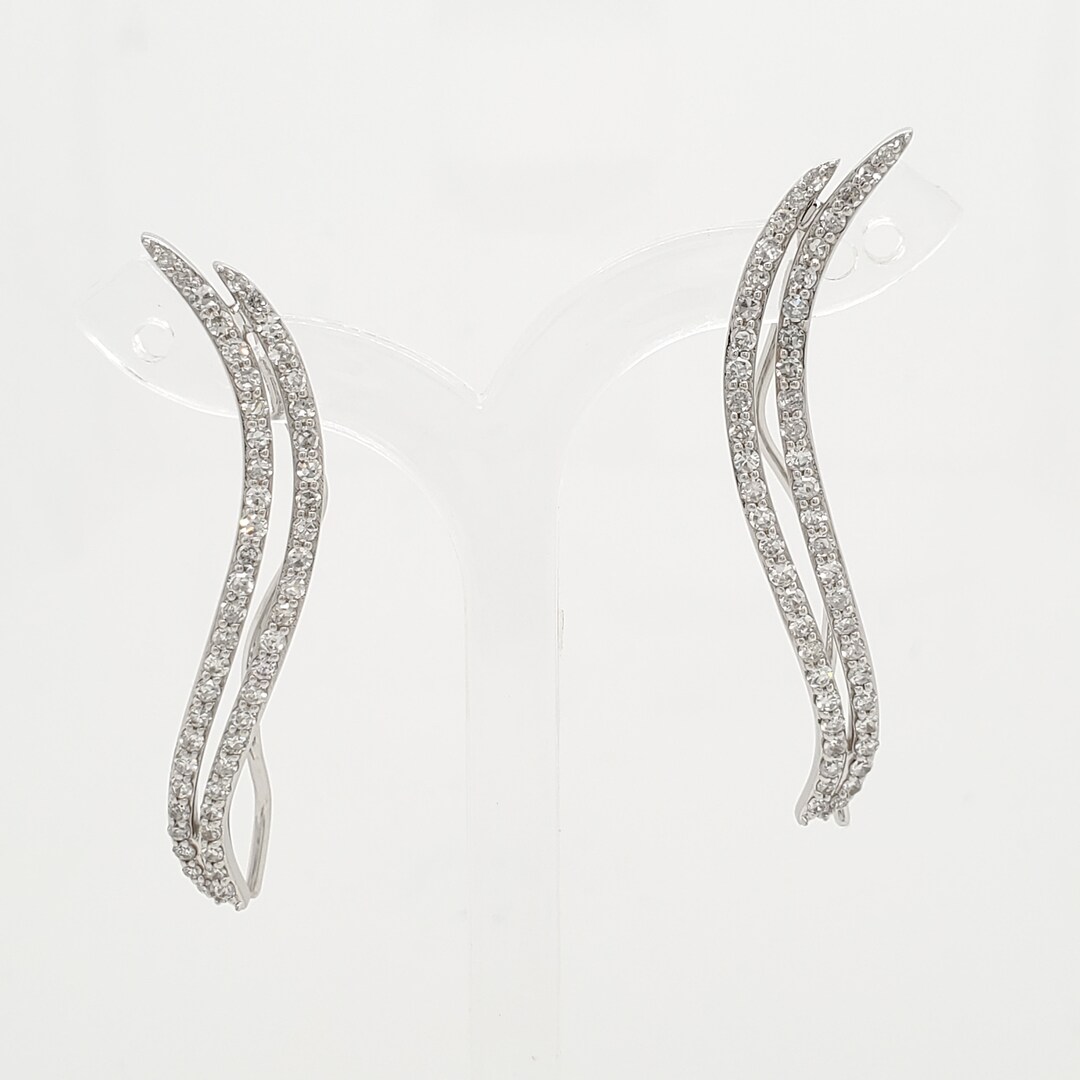 14K Solid Gold Round Diamonds Pave Ear Climber Earrings Anniversary