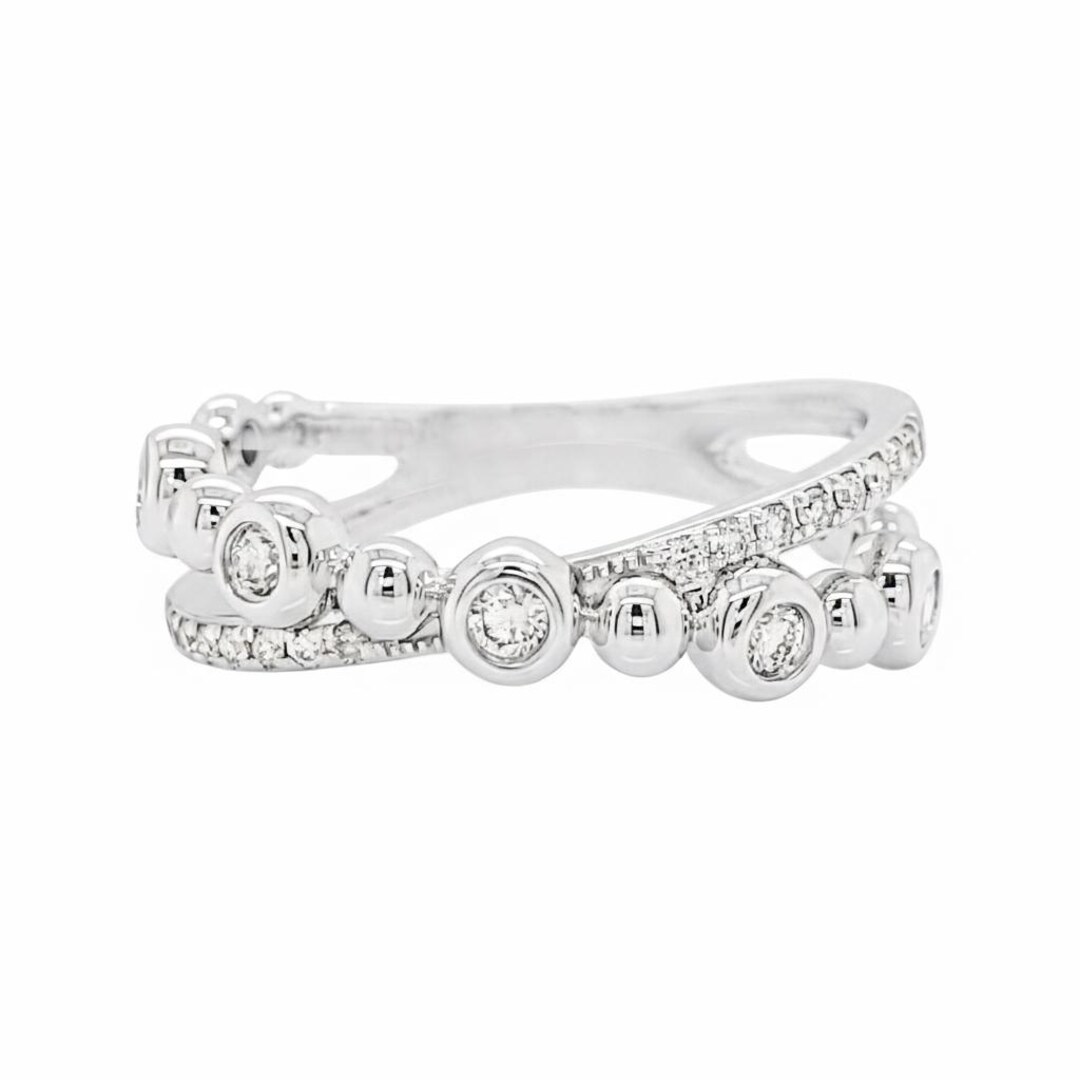 14K White Gold Diamond Crossover Ring, Bezel Set Pavé Band - Etsy