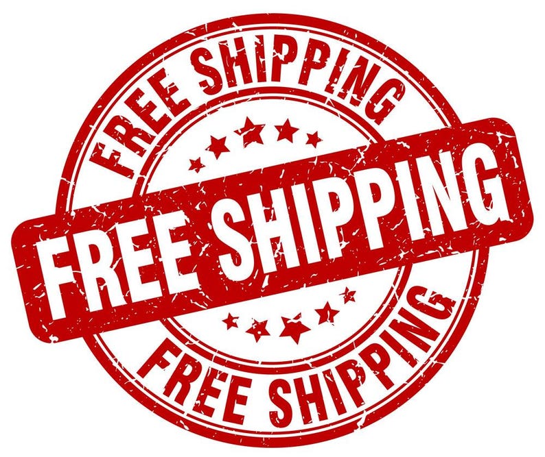 Puede incluir: Un sello de goma rojo, de estilo desgastado, con las palabras "FREE SHIPPING" en letras may&uacute;sculas blancas y en negrita. El sello es circular con el texto repetido alrededor del borde exterior.