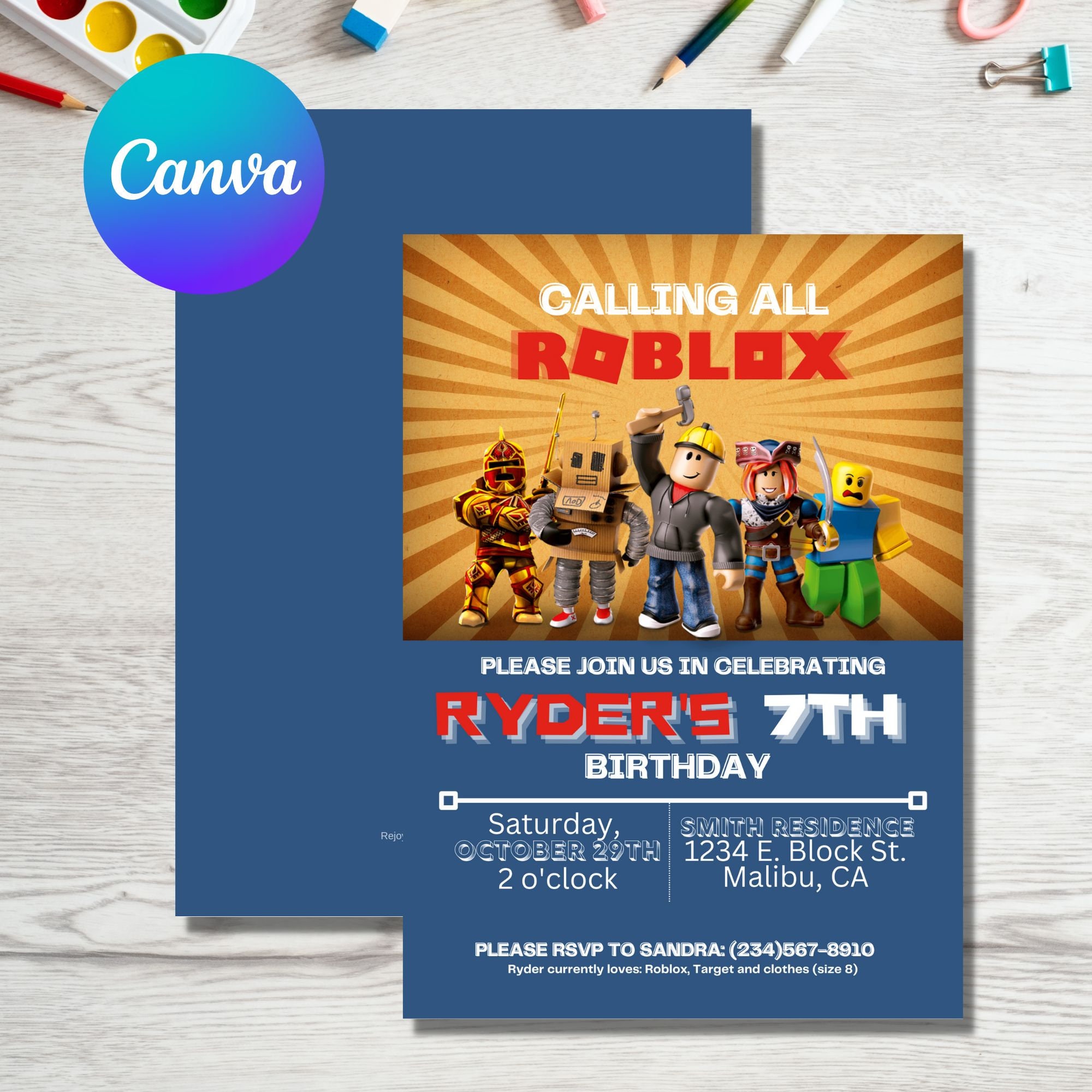 CANVA EDITABLE TEMPLATE Roblox Birthday Party Invitation | Instant ...