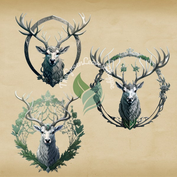 Enchanting Fantasy Clip Art - Set of 6 Silver Stags with Transparent Background | Whimsical Digital Download for Magical Creations!