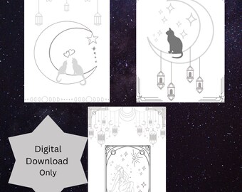 Celestial Coloring Pages| 15 Himmlische Ausmalseiten für Erwachsene| Graustufen| Malvorlagen| Ätherische Malvorlagen| Sterne und Mond