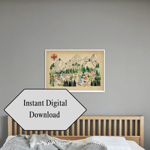 Betoverend fantasiedorp en bergenlandschap: Vintage geïnspireerde fantasiekaart muurkunst - digitale download (PNG, JPG, PDF)