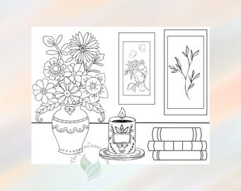 Stillleben Ausmalbilder | Druckbares Malbuch für Erwachsene | Wohndekor Malvorlage | Sofortdownload | Digital Art zur Entspannung