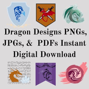 6 Different Dragon  PNGs, JPGs, and PDFs Bundle, Digital Prints, Home/Office Decor, Journeling, Scrapbooking, Wall Art, Instant Download