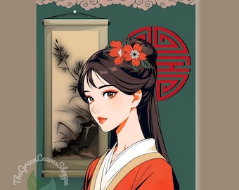 May include: A digital illustration of a woman with long dark hair wearing a red and gold kimono. She has a red flower in her hair and is looking to the side. The background is a green and red colour scheme with a scroll and a red circle with a Chinese symbol.