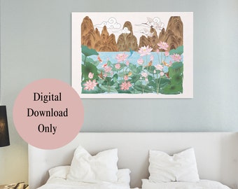 May include: A digital illustration of a serene landscape with mountains, a lake, and lotus flowers. The lake is filled with pink lotus flowers and green lily pads. There are birds flying over the lake and fish swimming in the water. The mountains are brown and the sky is white.